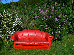 A red sofa outside