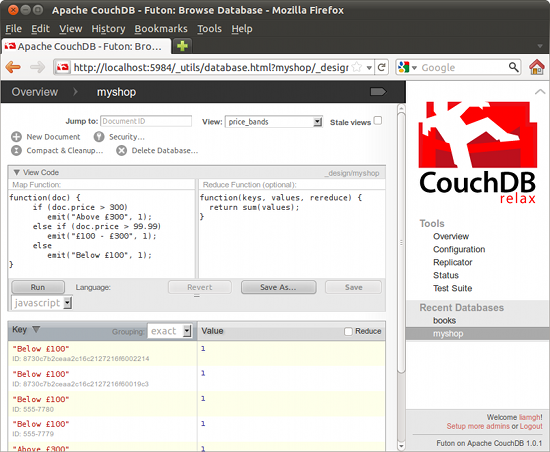 Price bands Map-Reduce query in Futon