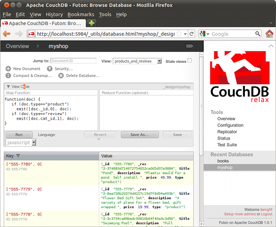 The products and reviews view in Futon