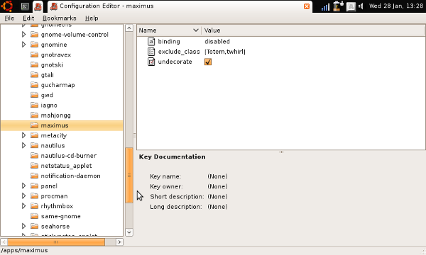 Configuration screen in gconf-editor for Maximus