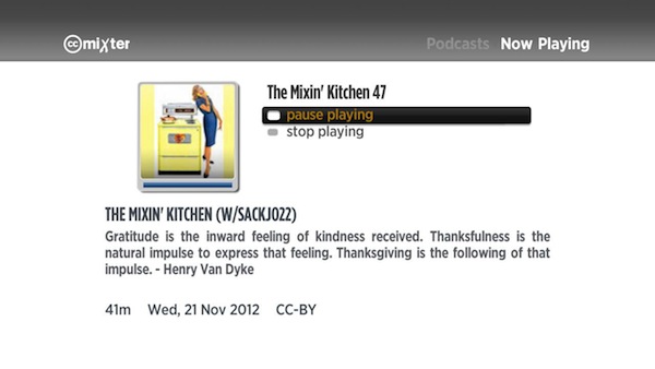 Screenshot of the CCMixter Roku channel playing a podcast