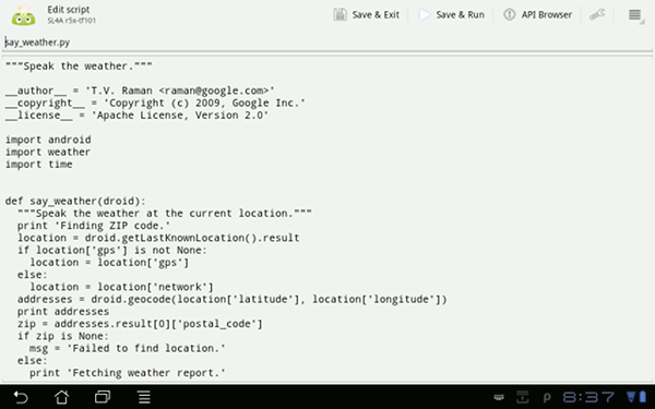 SL4A for tablets - Script editor screenshot