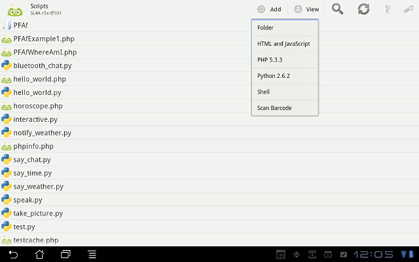 SL4A for tablets - Script manager screenshot