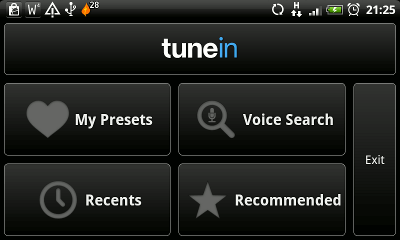 The TuneIn Radio app car mode interface, a simplified version of the normal interface with big buttons